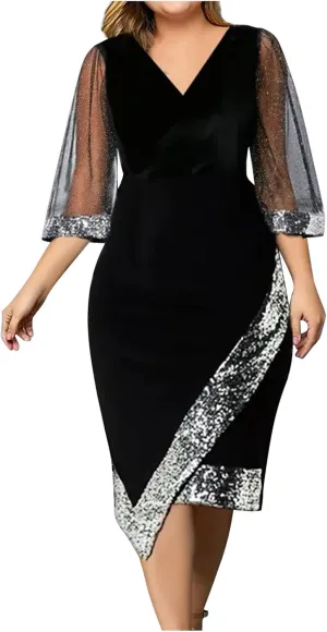 Women Sequin Mesh See Through 3/4 Sleeve Pencil Evening Dress Plus Size Wrap Glitter Velvet Patchwork Cocktail Gowns