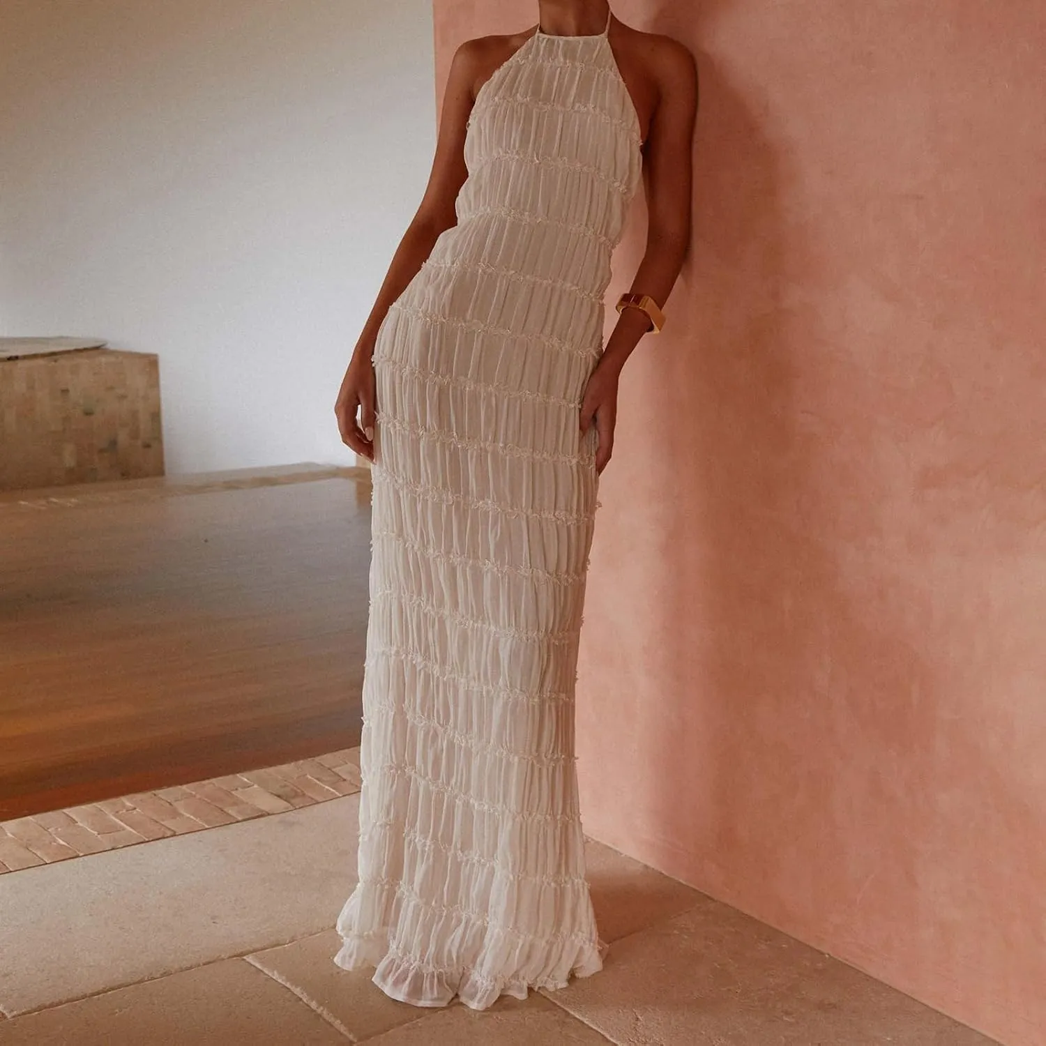 Women Sexy Hollow Out Maxi Dress Sleeveless Backless Lace Pachwork Bodycon Long Dress Y2k Going Out Party