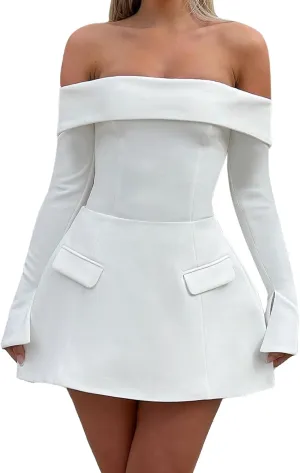 Women Sexy Mini Dress Off Shoulder Long Sleeve A Line Dress Short Formal Dresses Party Clubwear