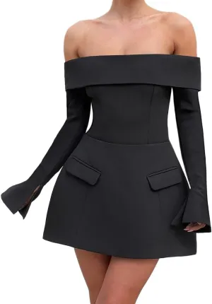 Women Sexy Mini Dress Off Shoulder Long Sleeve A Line Dress Short Formal Dresses Party Clubwear