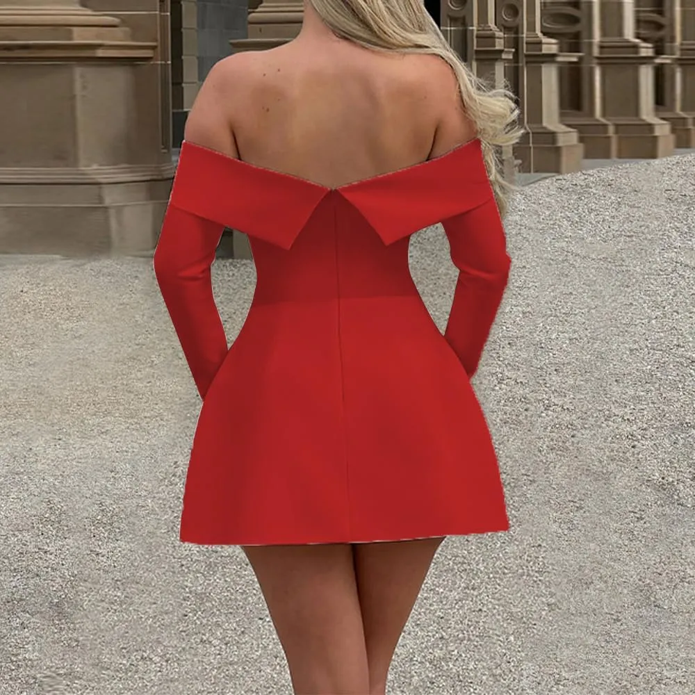 Women Sexy Mini Dress Off Shoulder Long Sleeve A Line Dress Short Formal Dresses Party Clubwear