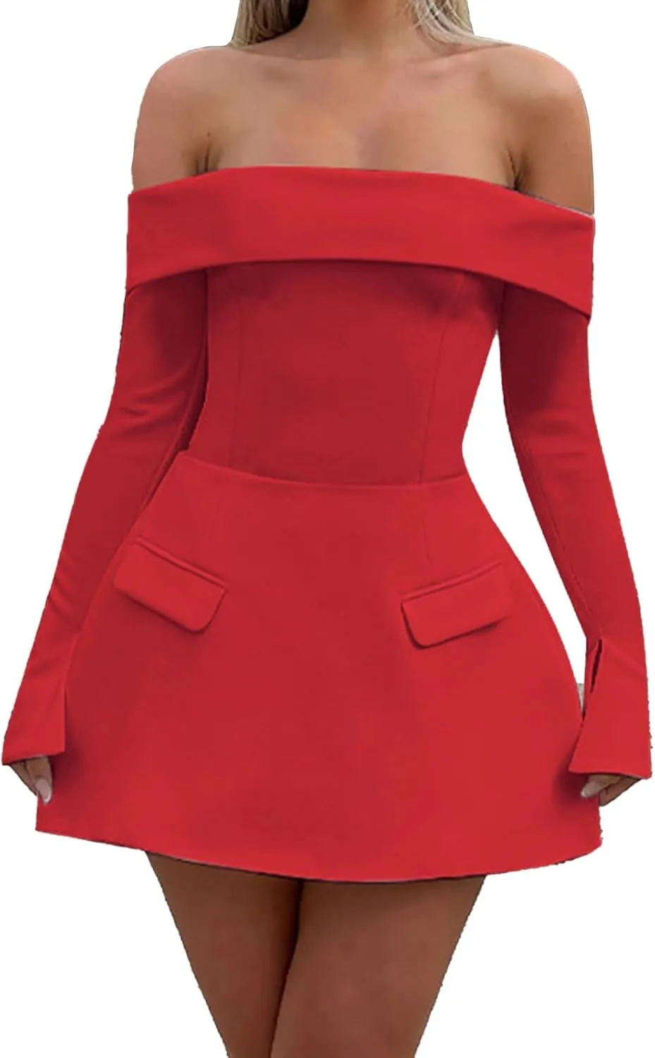 Women Sexy Mini Dress Off Shoulder Long Sleeve A Line Dress Short Formal Dresses Party Clubwear