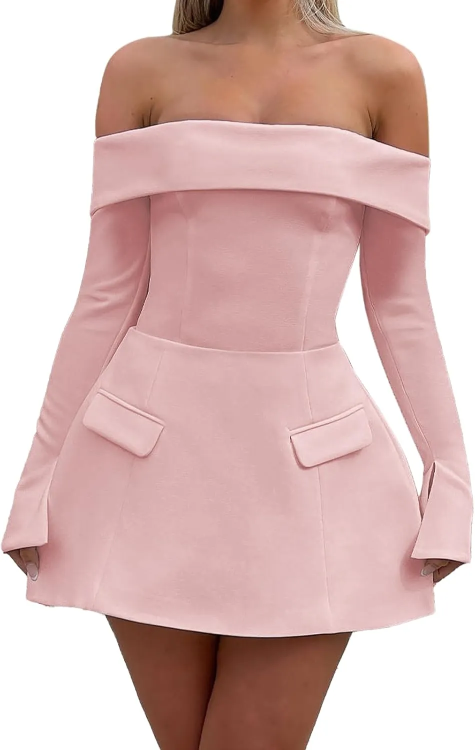 Women Sexy Mini Dress Off Shoulder Long Sleeve A Line Dress Short Formal Dresses Party Clubwear
