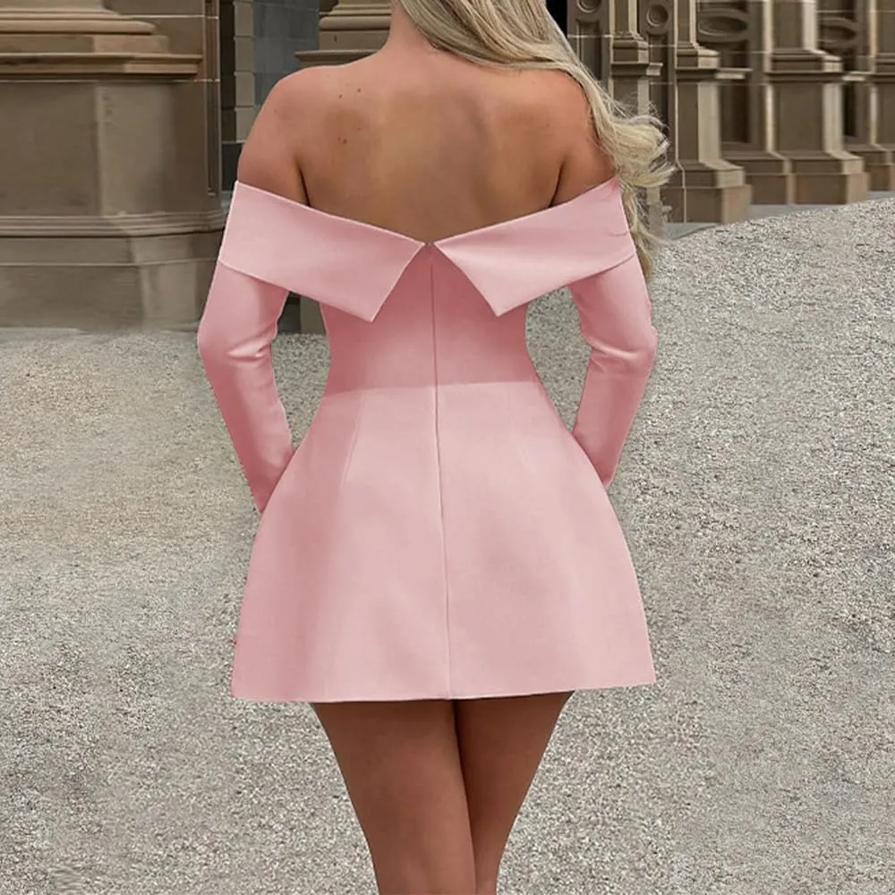 Women Sexy Mini Dress Off Shoulder Long Sleeve A Line Dress Short Formal Dresses Party Clubwear
