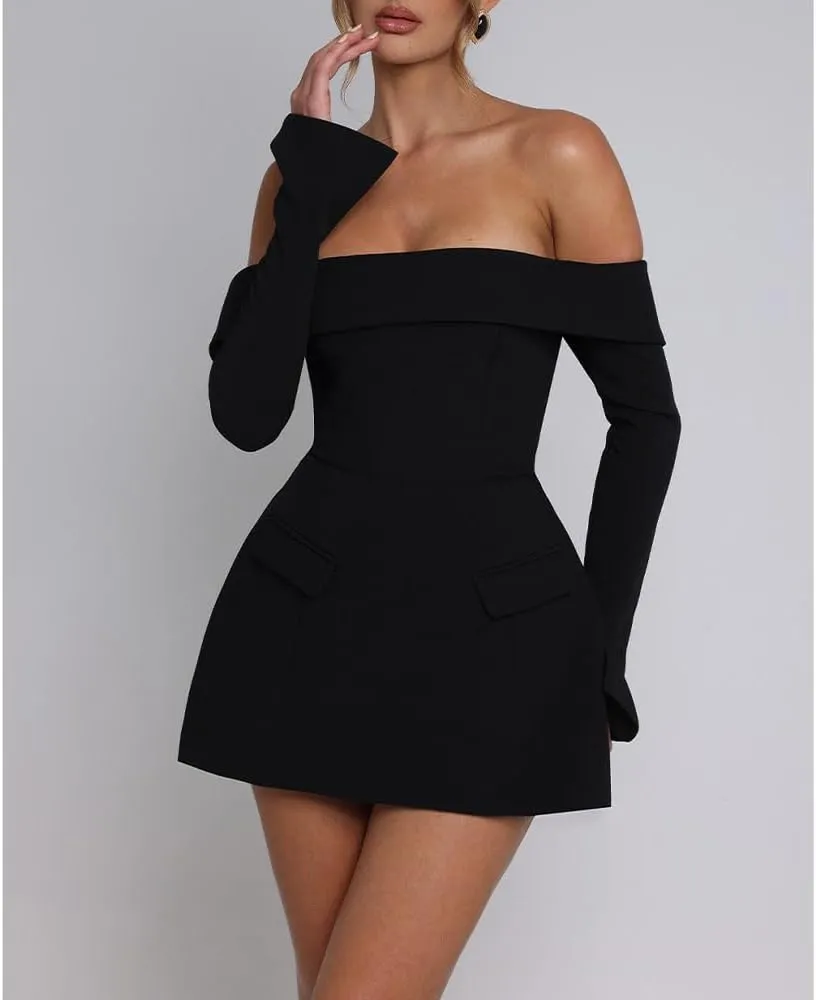 Women Sexy Mini Dress Off Shoulder Long Sleeve A Line Dress Short Formal Dresses Party Clubwear