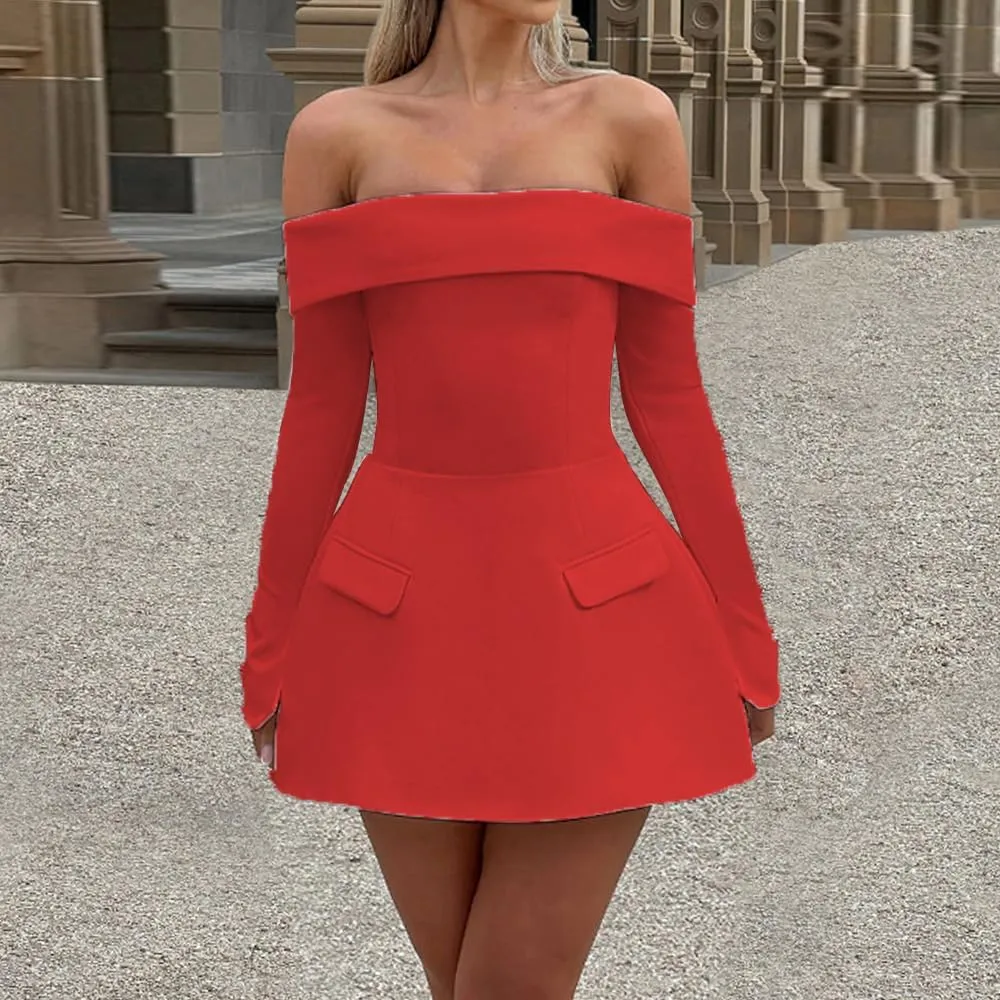 Women Sexy Mini Dress Off Shoulder Long Sleeve A Line Dress Short Formal Dresses Party Clubwear