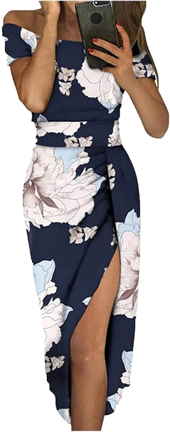 Women Sleeveless Cocktail Wedding Party Dress Sexy Short Sleeve Off Shoulder High Split Maxi Party Dresses Plus Size
