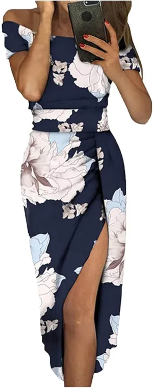 Women Sleeveless Cocktail Wedding Party Dress Sexy Short Sleeve Off Shoulder High Split Maxi Party Dresses Plus Size