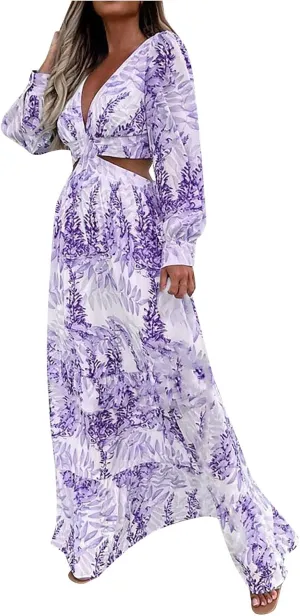 Women Spring A Line Dresses Casual Long Sleeve Elegant V Neck Maxi Dresses Floral Boho Long Wedding Guest Dress