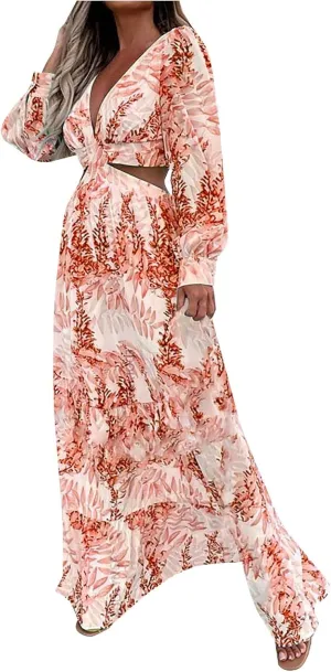 Women Spring A Line Dresses Casual Long Sleeve Elegant V Neck Maxi Dresses Floral Boho Long Wedding Guest Dress