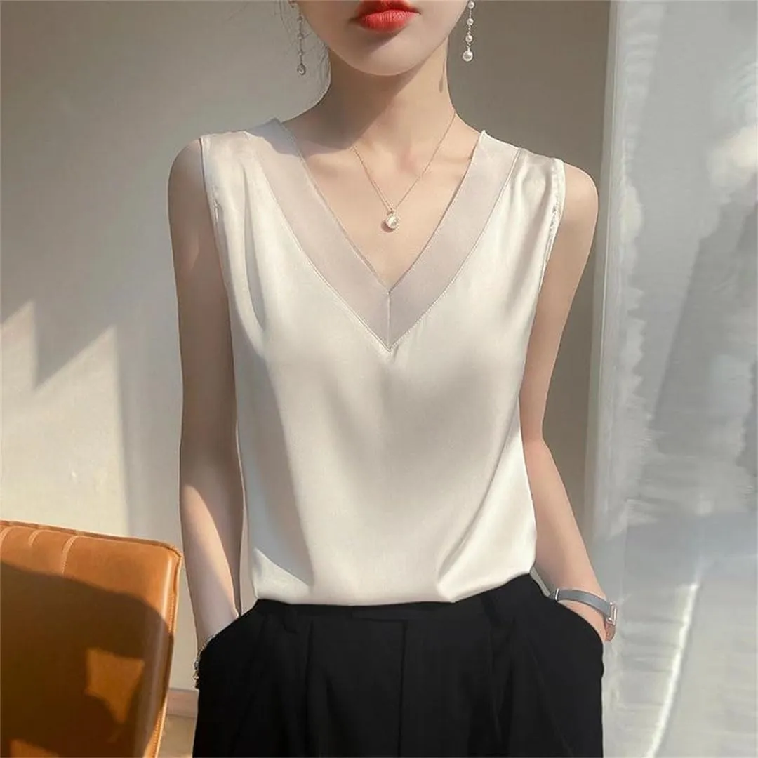 Women Strap Top Halter V Neck Basic Cami Sleeveless Satin Silk Tank Tops Camisole