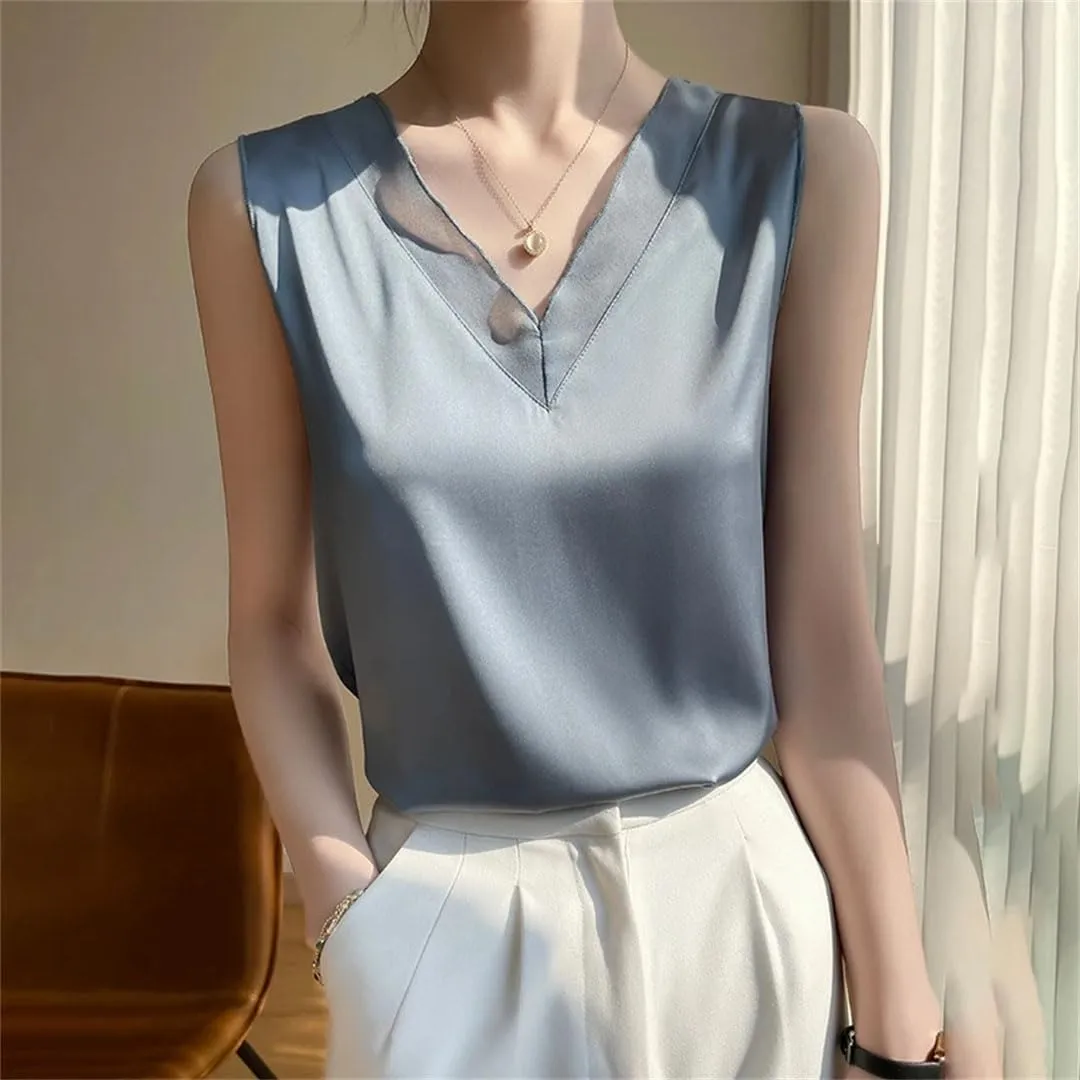 Women Strap Top Halter V Neck Basic Cami Sleeveless Satin Silk Tank Tops Camisole