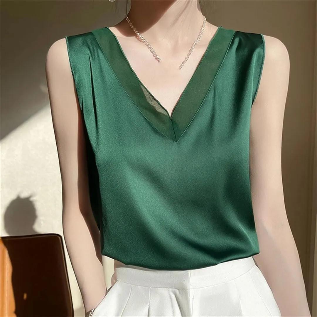 Women Strap Top Halter V Neck Basic Cami Sleeveless Satin Silk Tank Tops Camisole