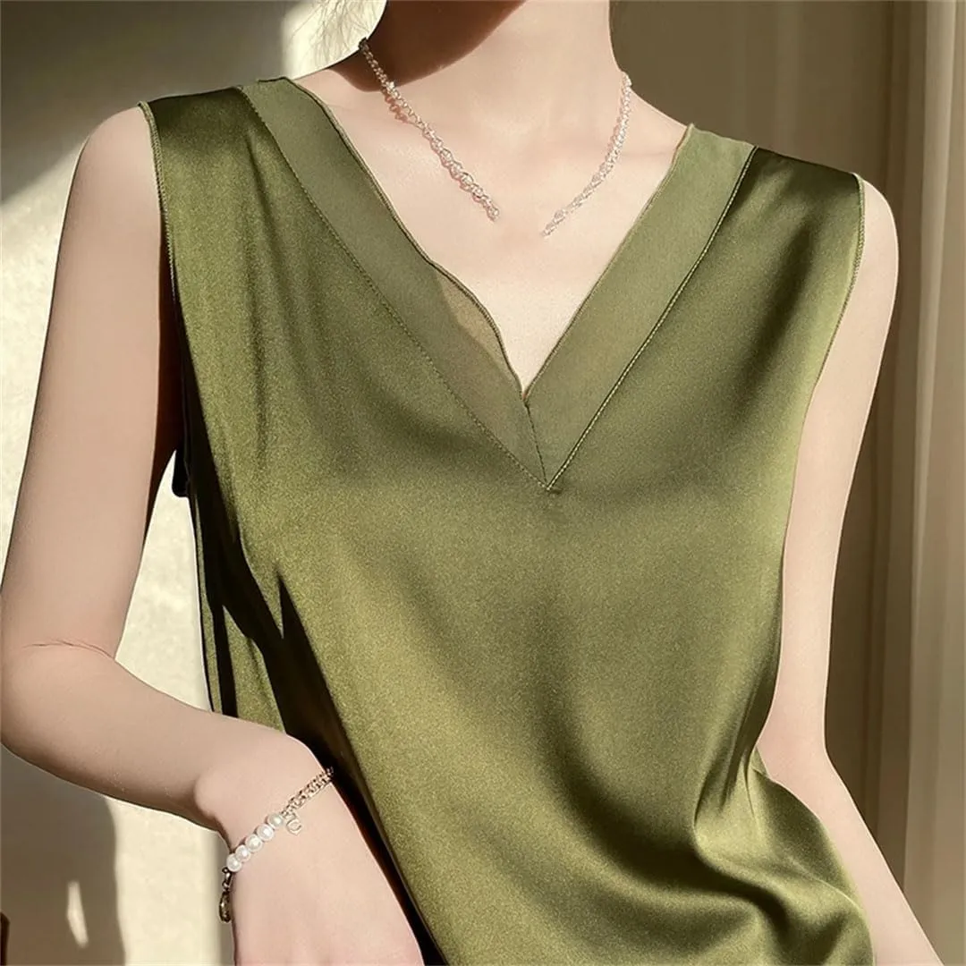 Women Strap Top Halter V Neck Basic Cami Sleeveless Satin Silk Tank Tops Camisole