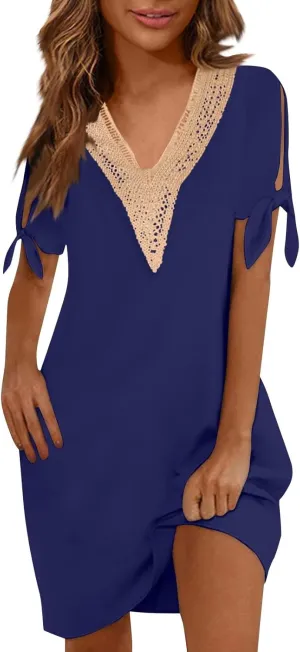 Women Summer Dresses Short Sleeve Flowy Dresses Casual Loose Swing Midi Dress Lace V Neck Comfy Beach Sundress