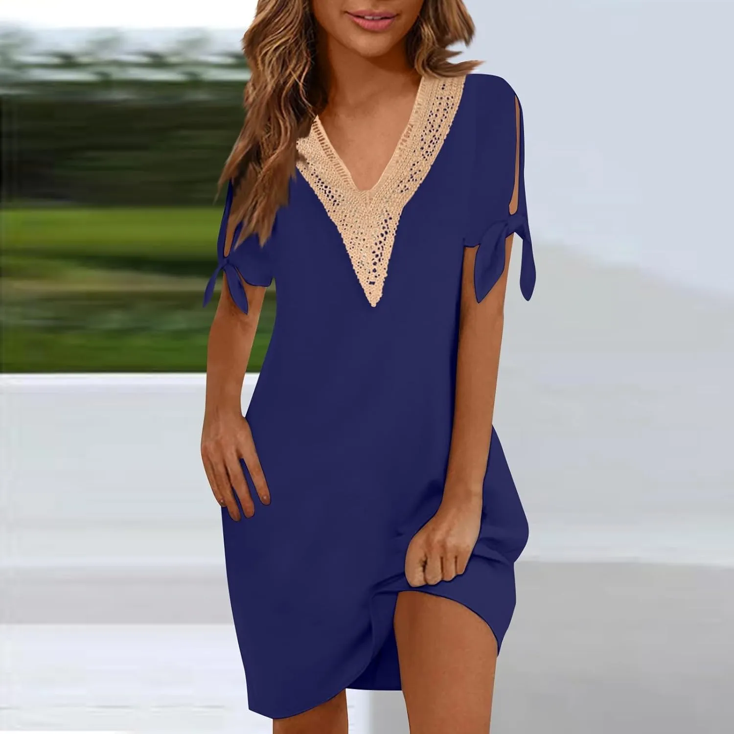Women Summer Dresses Short Sleeve Flowy Dresses Casual Loose Swing Midi Dress Lace V Neck Comfy Beach Sundress