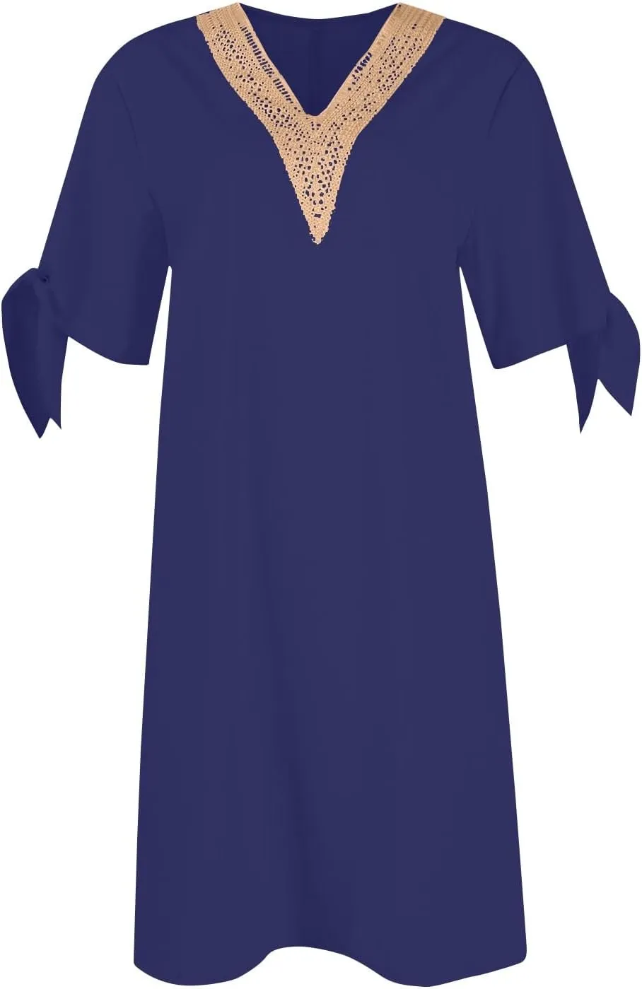 Women Summer Dresses Short Sleeve Flowy Dresses Casual Loose Swing Midi Dress Lace V Neck Comfy Beach Sundress