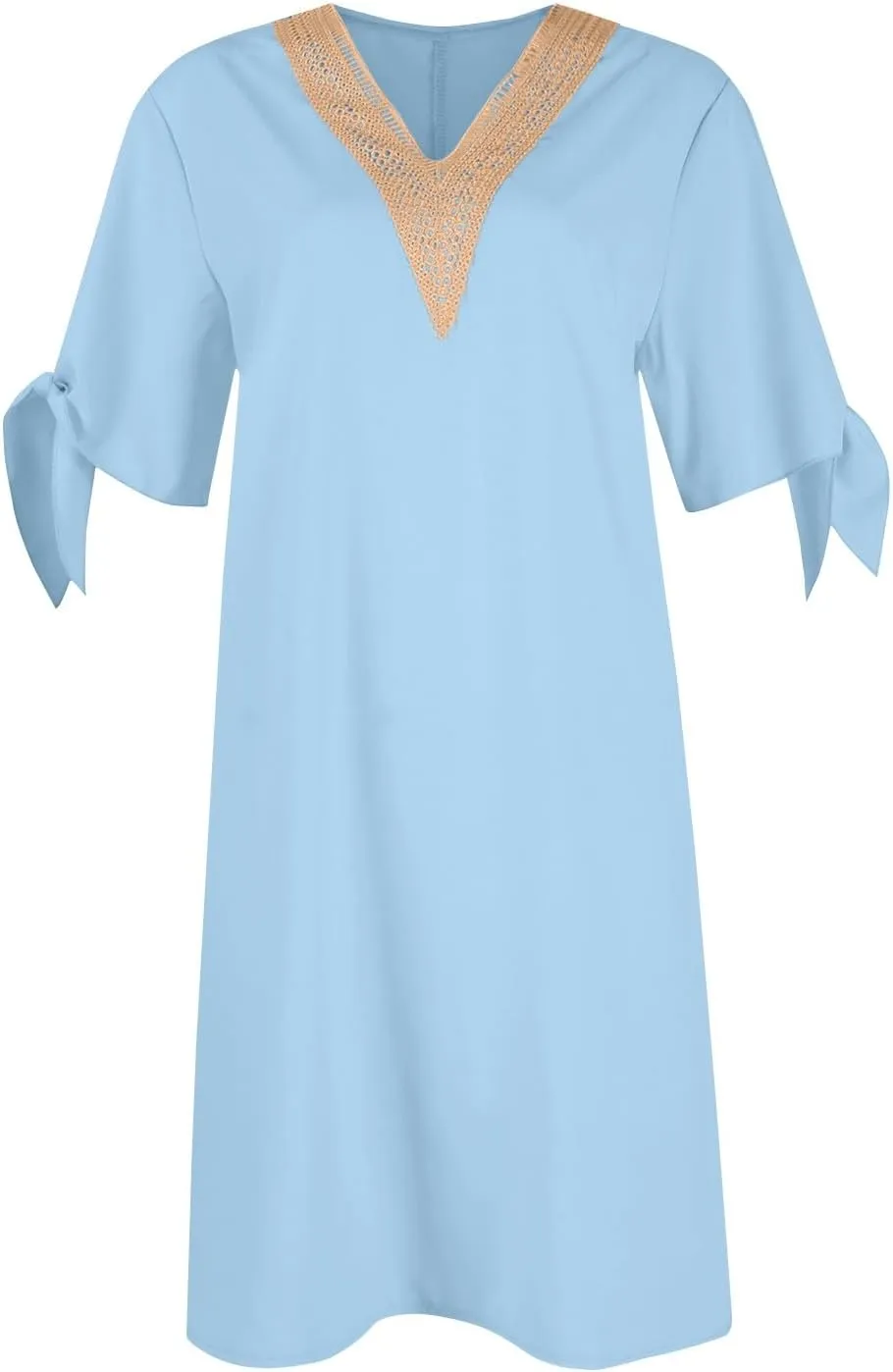 Women Summer Dresses Short Sleeve Flowy Dresses Casual Loose Swing Midi Dress Lace V Neck Comfy Beach Sundress