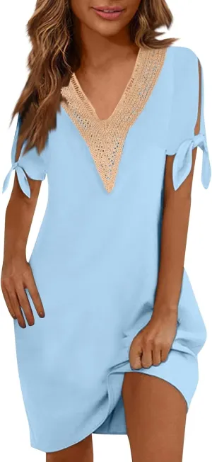 Women Summer Dresses Short Sleeve Flowy Dresses Casual Loose Swing Midi Dress Lace V Neck Comfy Beach Sundress