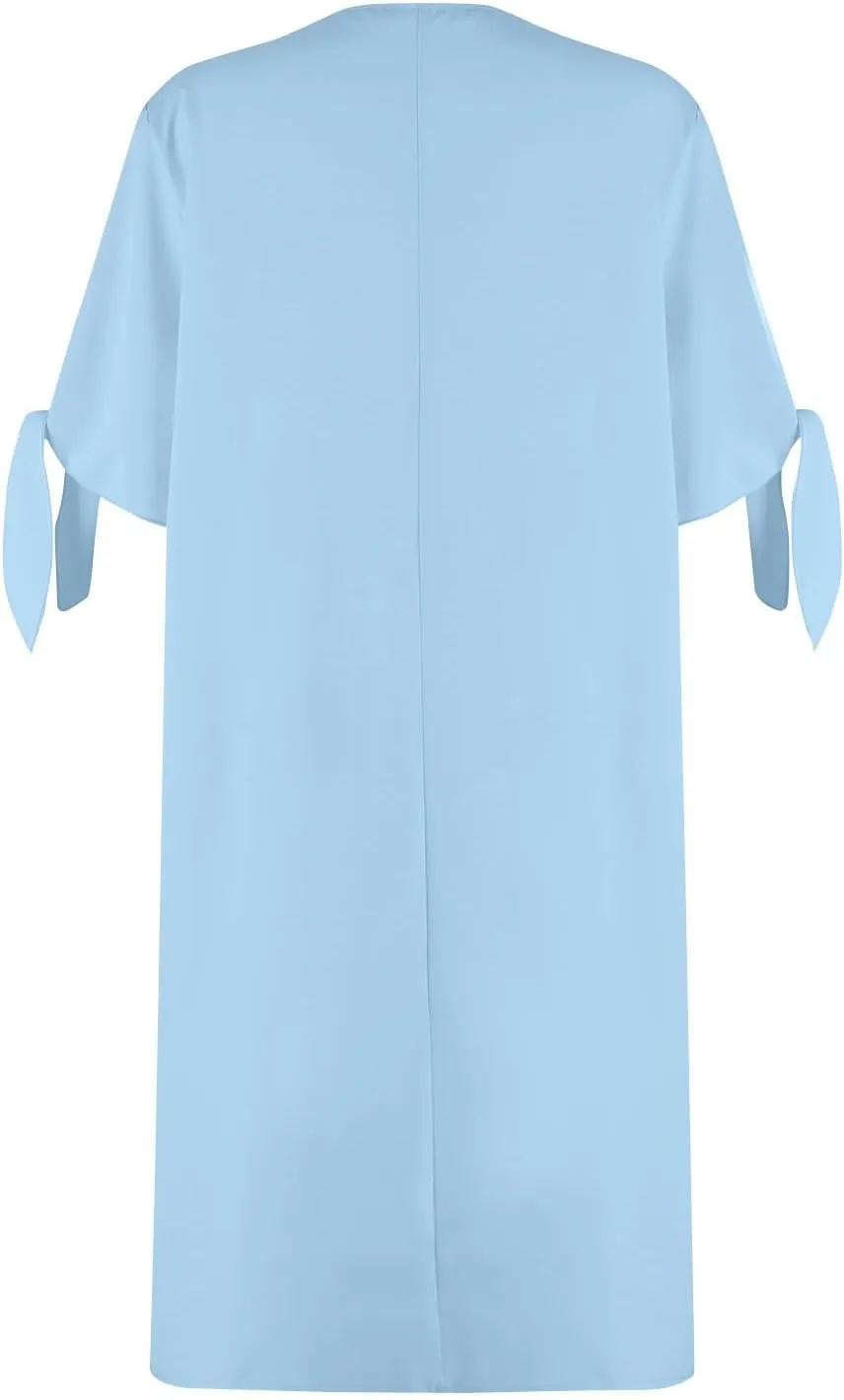 Women Summer Dresses Short Sleeve Flowy Dresses Casual Loose Swing Midi Dress Lace V Neck Comfy Beach Sundress