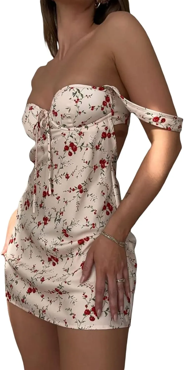 Women Summer Low Cut Floral Printed Bodycon Mini Dress Y2K Spaghetti Strap Ruffle Layered Short Dress Clubwear