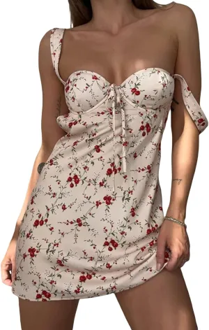 Women Summer Low Cut Floral Printed Bodycon Mini Dress Y2K Spaghetti Strap Ruffle Layered Short Dress Clubwear
