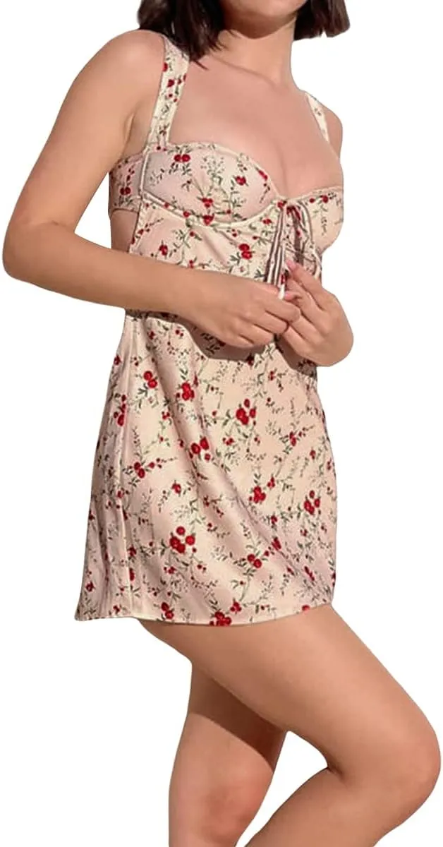 Women Summer Low Cut Floral Printed Bodycon Mini Dress Y2K Spaghetti Strap Ruffle Layered Short Dress Clubwear
