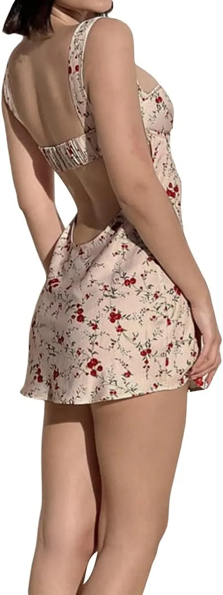 Women Summer Low Cut Floral Printed Bodycon Mini Dress Y2K Spaghetti Strap Ruffle Layered Short Dress Clubwear