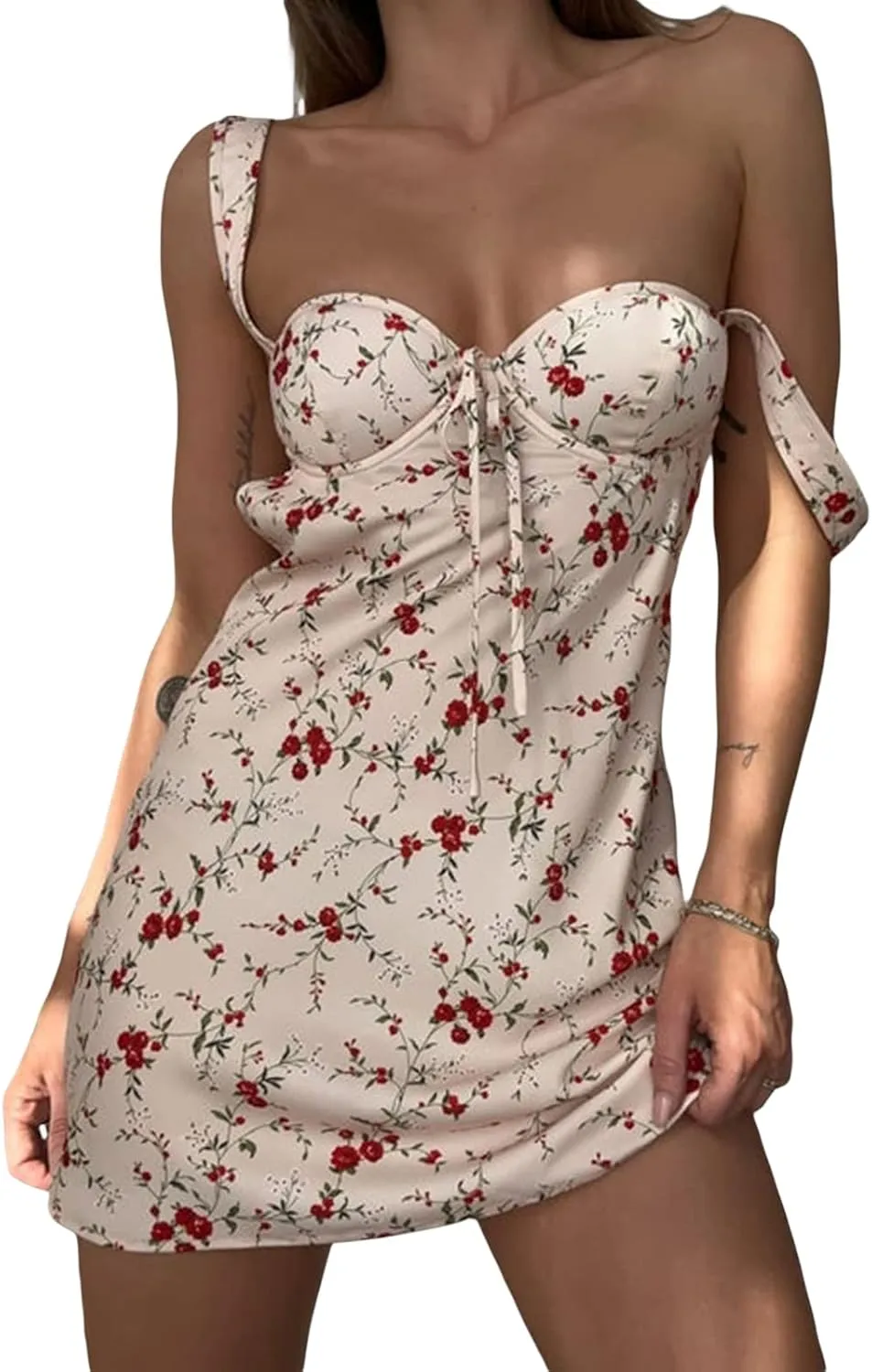 Women Summer Low Cut Floral Printed Bodycon Mini Dress Y2K Spaghetti Strap Ruffle Layered Short Dress Clubwear