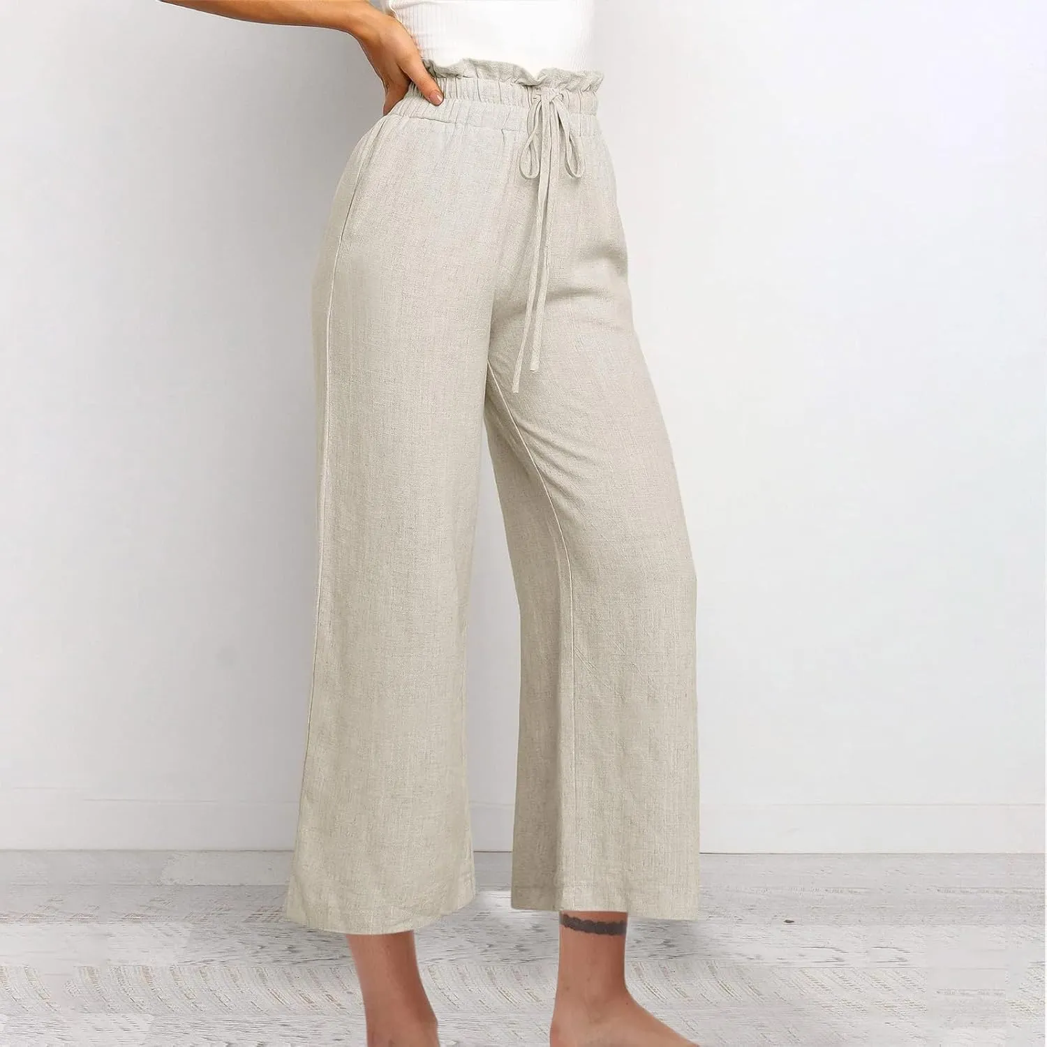 Women Summer Wide Leg Capri Pants Casual Fashion High Waist Solid Cotton Linen Pants Lounge Beach Trousers