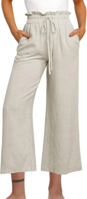 Women Summer Wide Leg Capri Pants Casual Fashion High Waist Solid Cotton Linen Pants Lounge Beach Trousers