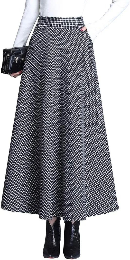Women Winter Houndstooth Wool Maxi Skirt Elegant Warm High Waist Elastic Waist Casual Party A-line Long Skirt