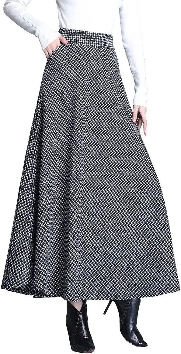 Women Winter Houndstooth Wool Maxi Skirt Elegant Warm High Waist Elastic Waist Casual Party A-line Long Skirt
