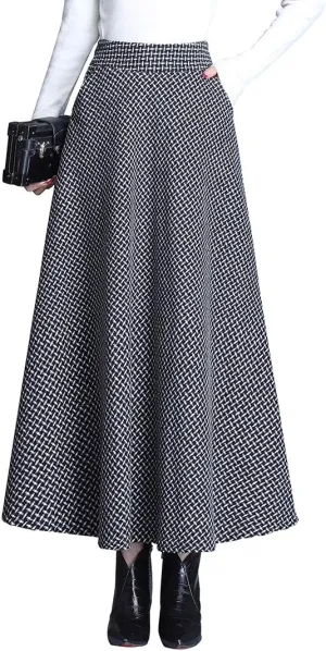 Women Winter Houndstooth Wool Maxi Skirt Elegant Warm High Waist Elastic Waist Casual Party A-line Long Skirt