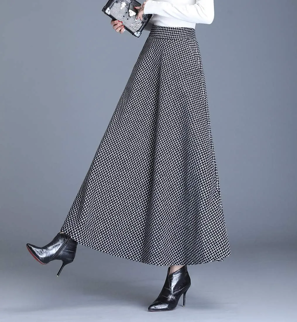 Women Winter Houndstooth Wool Maxi Skirt Elegant Warm High Waist Elastic Waist Casual Party A-line Long Skirt