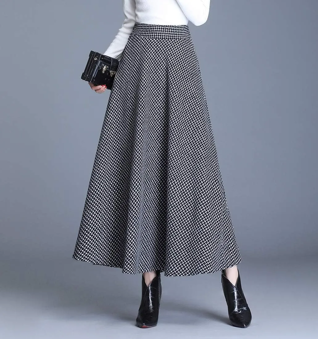 Women Winter Houndstooth Wool Maxi Skirt Elegant Warm High Waist Elastic Waist Casual Party A-line Long Skirt