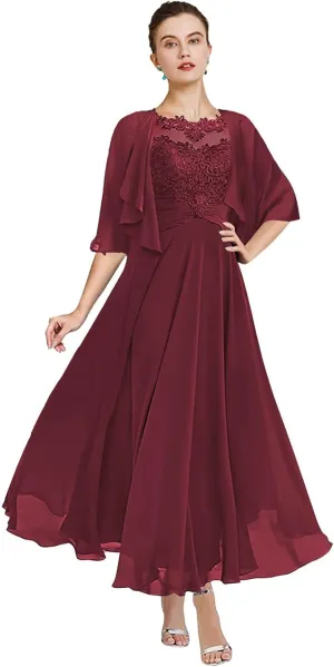Women's 2 Pieces Mother of The Bride Dresses with Jackets Tea Length Lace Ruffle Chiffon Formal Wedding Guest Dress