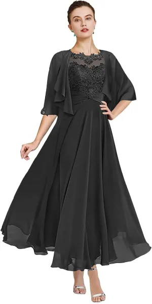 Women's 2 Pieces Mother of The Bride Dresses with Jackets Tea Length Lace Ruffle Chiffon Formal Wedding Guest Dress