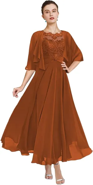 Women's 2 Pieces Mother of The Bride Dresses with Jackets Tea Length Lace Ruffle Chiffon Formal Wedding Guest Dress