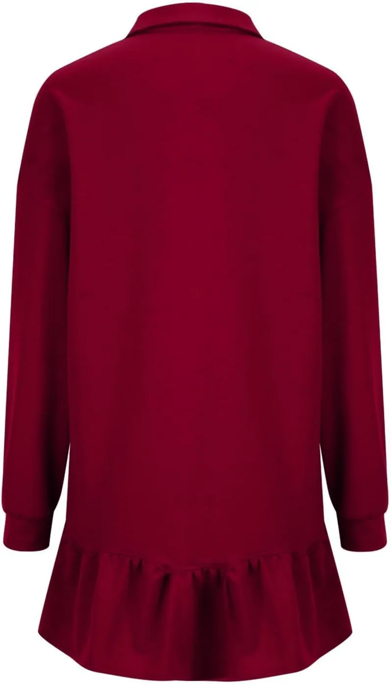Women's 2024 Fall Long Sleeve Pullover Dresses V Neck Buttons Lapel Patchwork Dress Casual Sweatshirt Mini Dress