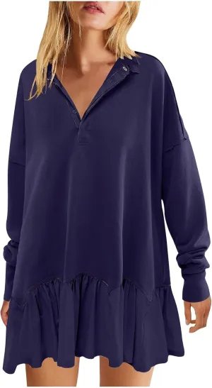 Women's 2024 Fall Long Sleeve Pullover Dresses V Neck Buttons Lapel Patchwork Dress Casual Sweatshirt Mini Dress