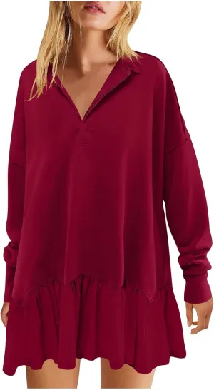 Women's 2024 Fall Long Sleeve Pullover Dresses V Neck Buttons Lapel Patchwork Dress Casual Sweatshirt Mini Dress