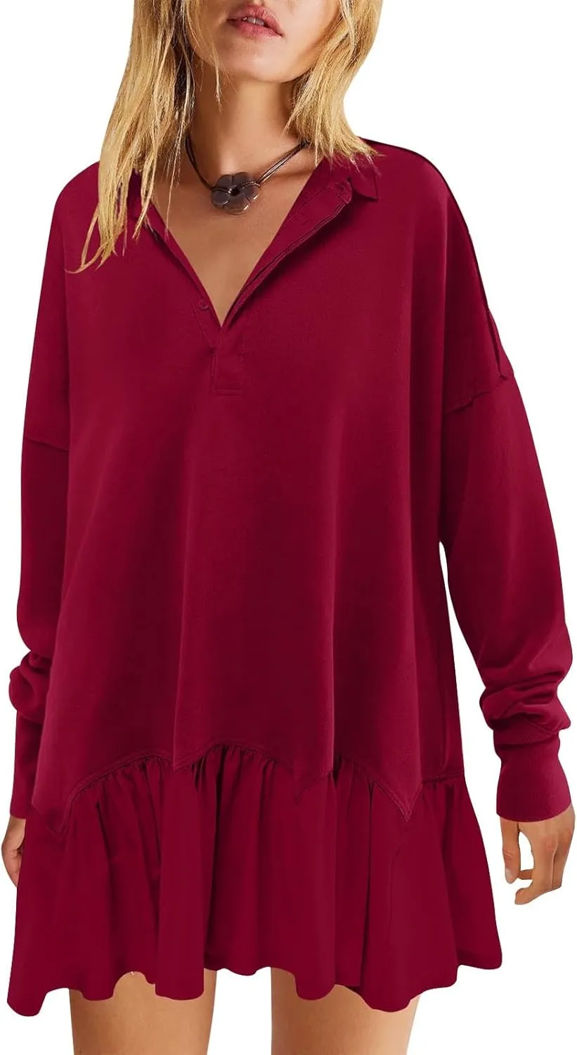 Women's 2024 Fall Long Sleeve Pullover Dresses V Neck Buttons Lapel Patchwork Dress Casual Sweatshirt Mini Dress