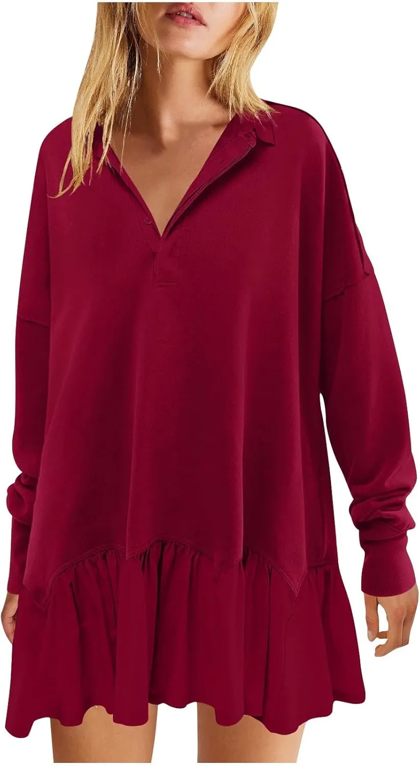 Women's 2024 Fall Long Sleeve Pullover Dresses V Neck Buttons Lapel Patchwork Dress Casual Sweatshirt Mini Dress