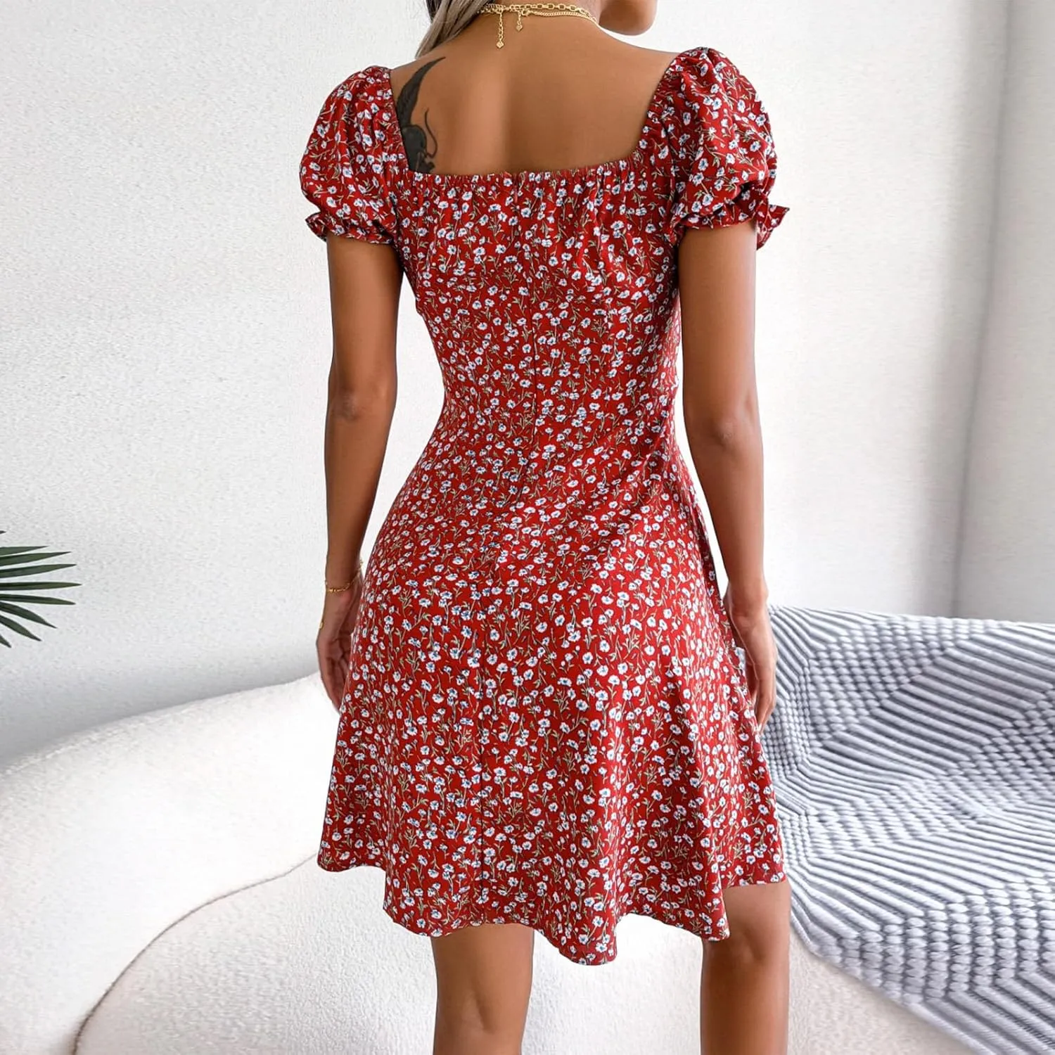 Women's 2024 Summer Floral Boho Dress Square Neck Short Sleeve Ruffle Swing A Line Beach Long Mini Dress