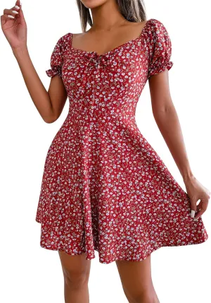Women's 2024 Summer Floral Boho Dress Square Neck Short Sleeve Ruffle Swing A Line Beach Long Mini Dress