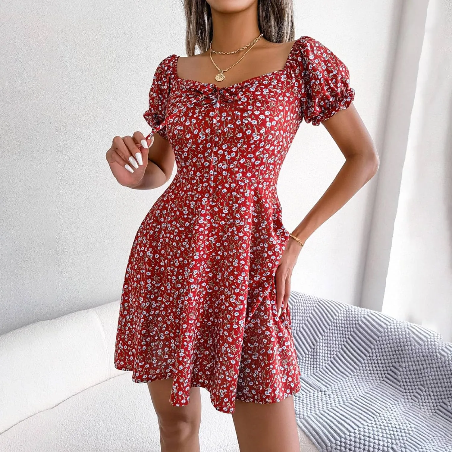 Women's 2024 Summer Floral Boho Dress Square Neck Short Sleeve Ruffle Swing A Line Beach Long Mini Dress