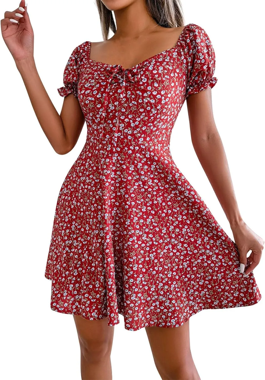 Women's 2024 Summer Floral Boho Dress Square Neck Short Sleeve Ruffle Swing A Line Beach Long Mini Dress