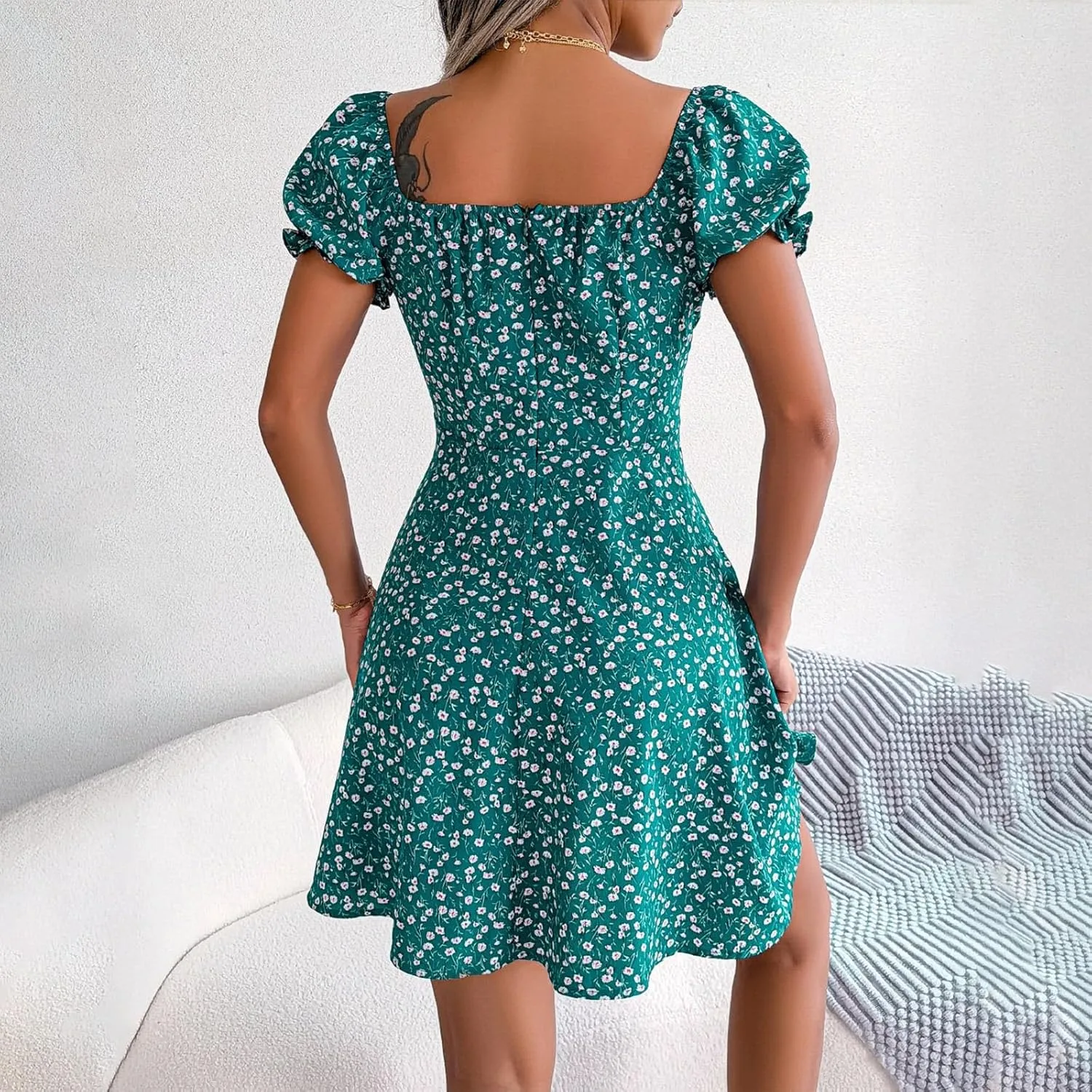 Women's 2024 Summer Floral Boho Dress Square Neck Short Sleeve Ruffle Swing A Line Beach Long Mini Dress
