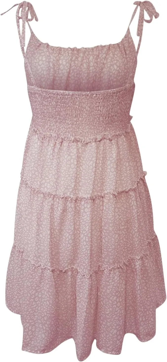 Womens 2024 Summer Floral Mini Dress Boho Flowy Skater Dresses Short Sleeveless Ruffle Spaghetti Strap Beach Vacation Dress